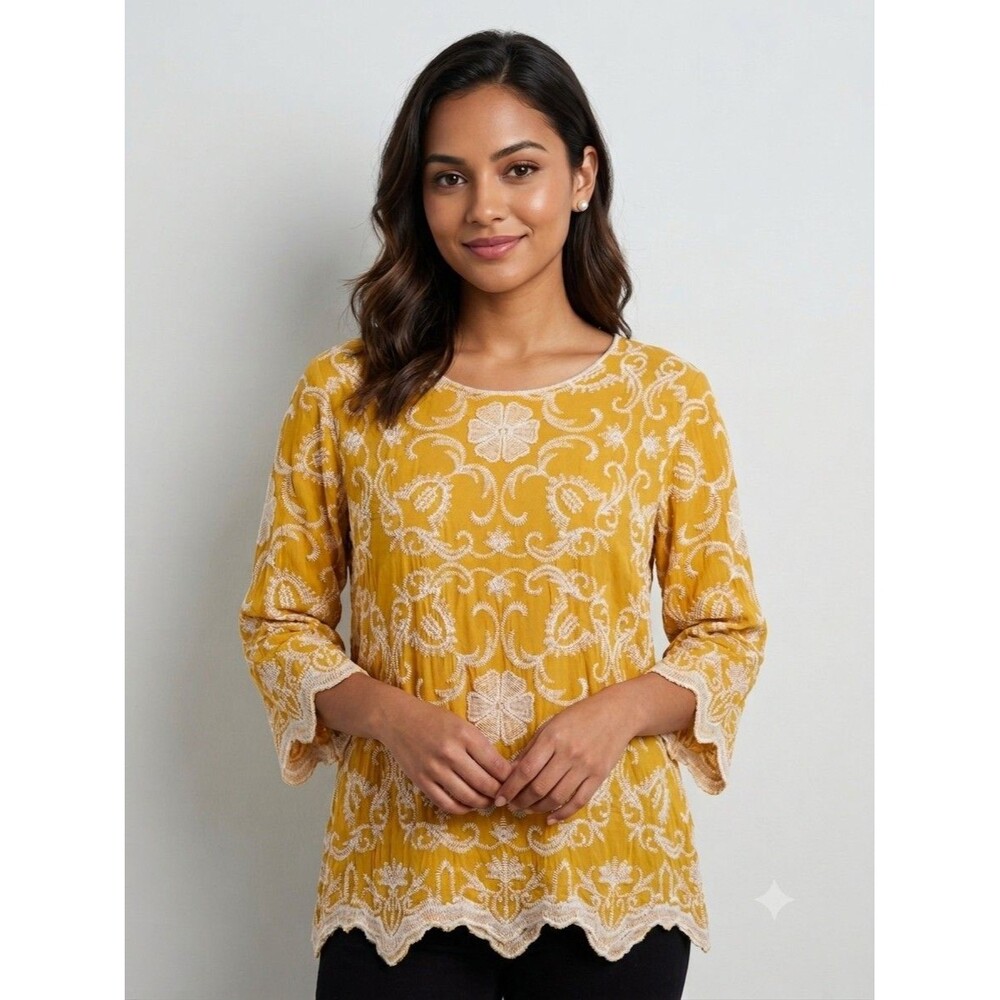 Women's Mustard Yellow Embroidered Tunic Top - 3/4 Sleeve Floral Scalloped Hem